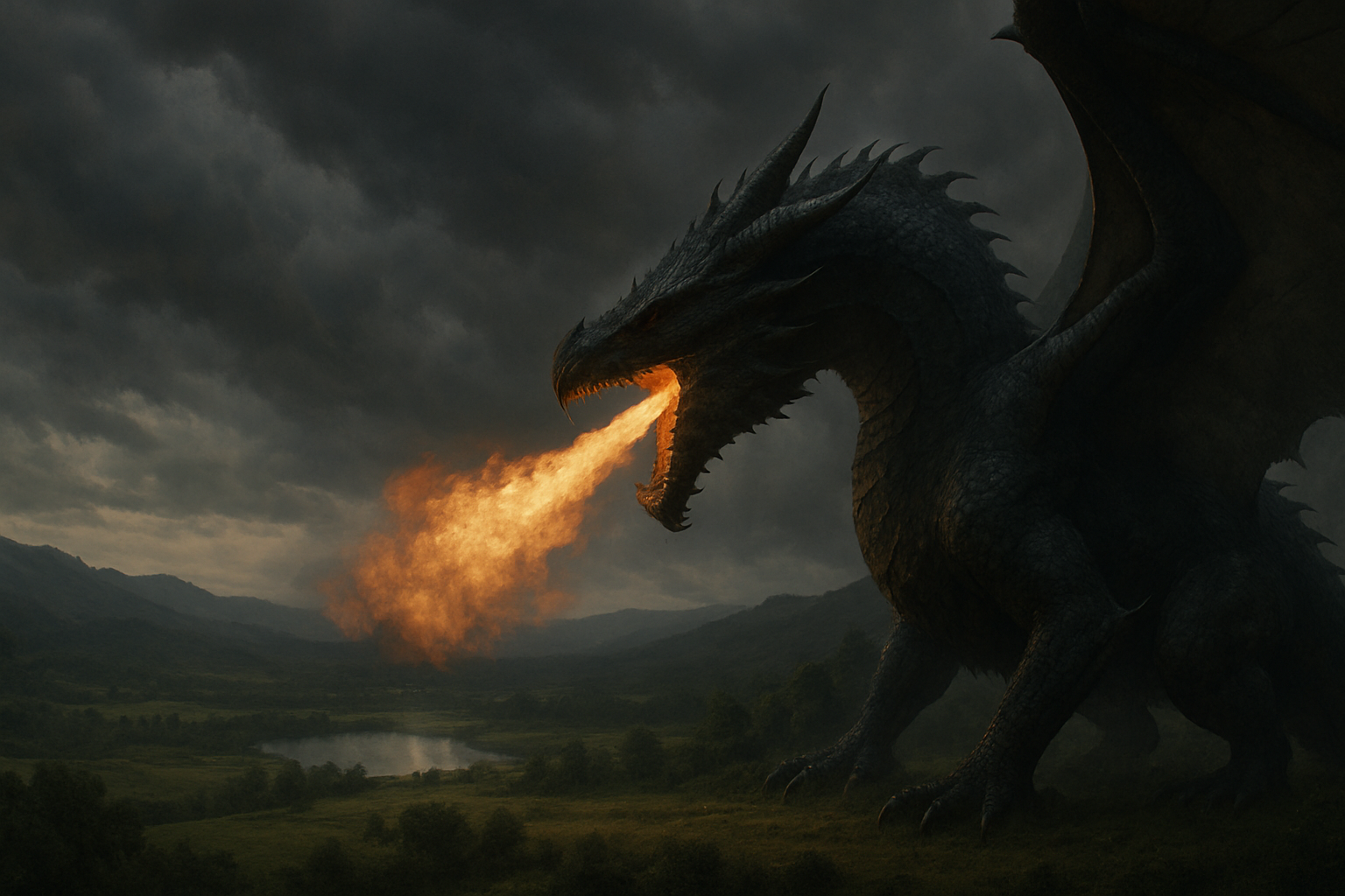 Black dragon breathing fire over a peaceful land